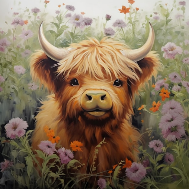 pintura de uma vaca em um campo de flores com fundo de céu ai generativo