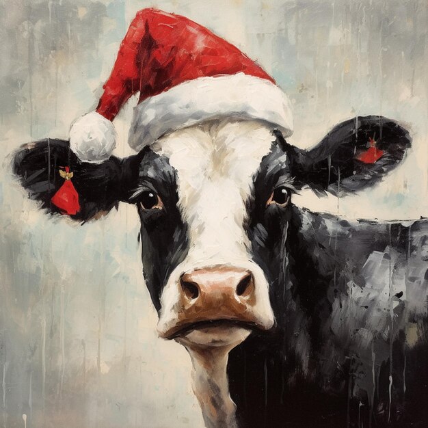 Pintura de uma vaca usando um chapéu de Papai Noel em um fundo cinza generativo ai