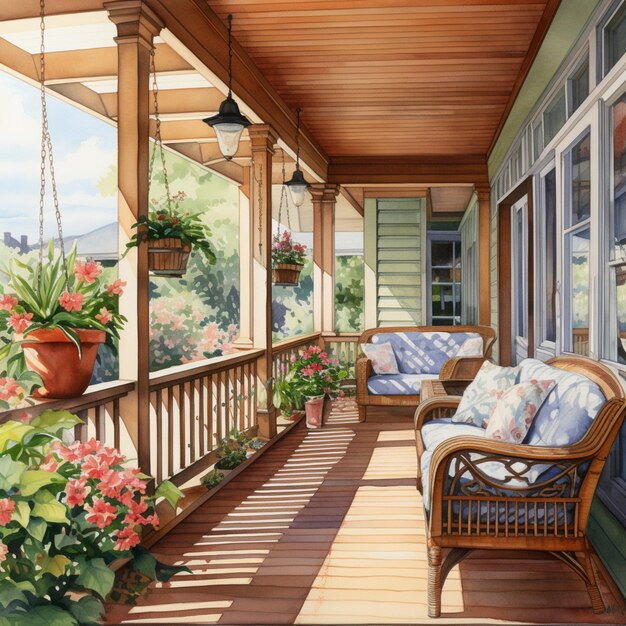 pintura de uma varanda com sofá e cadeiras e flores ai generativa