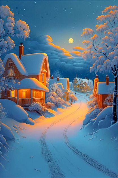 Pintura de uma vila nevada à noite generativa ai