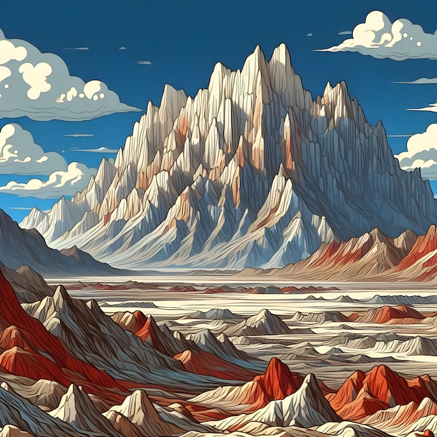 Pintura de uma vista distante de terra estéril e grandes montanhas rochosas brancas e uma pequena pedra vermelha