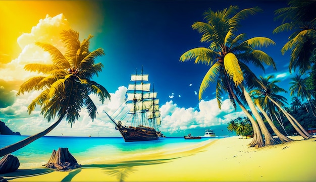 Pintura de veleiro em praia tropical com palmeiras em primeiro plano Generative AI