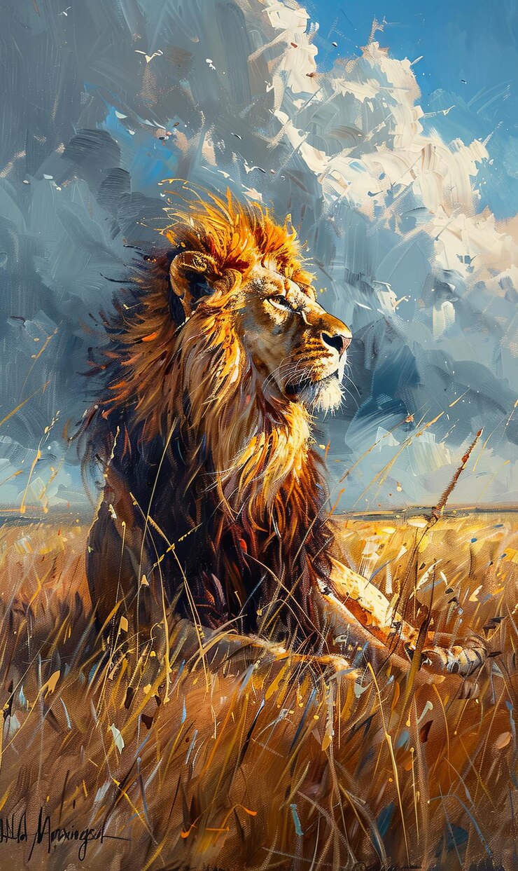 Pintura de decoración de pared imprimible Un majestuoso león descansa en la hierba alta de la sabana africana con un cielo dramático en el fondo La imagen poderosa trae la belleza salvaje de la naturaleza al interior