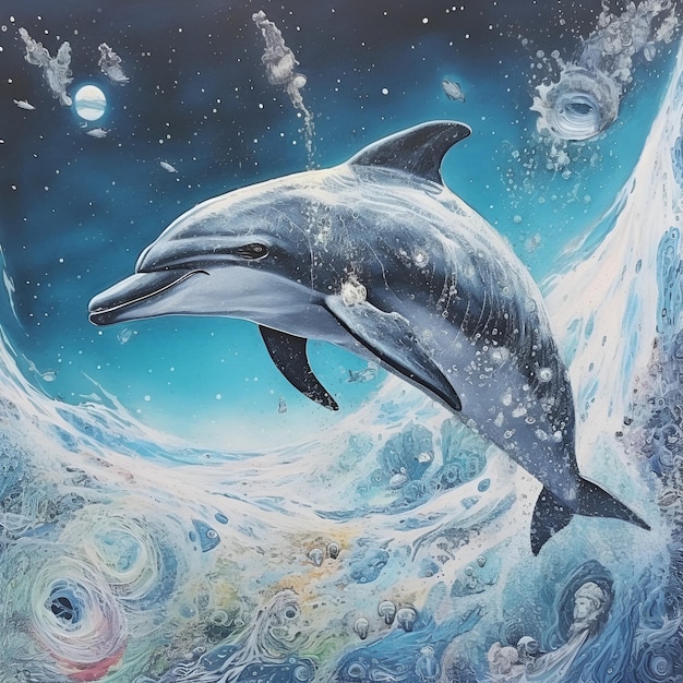Una pintura de un delfín y el océano con las palabras delfín en el fondo.