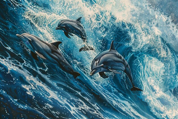 Foto una pintura de delfines en el agua con las palabras delfines