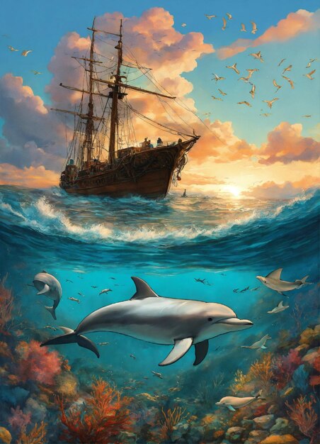 una pintura de delfines y un barco en el agua