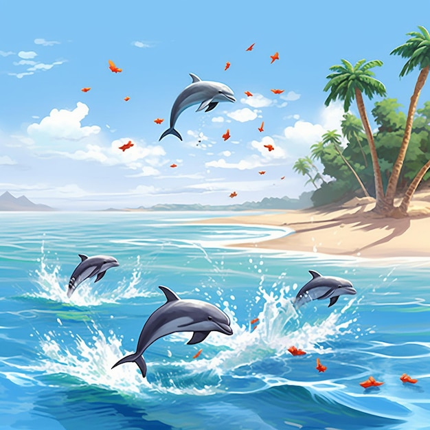 una pintura de delfines nadando en el océano con palmeras al fondo.