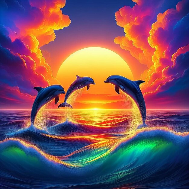 Foto una pintura de delfines en la puesta de sol con el sol detrás de ellos