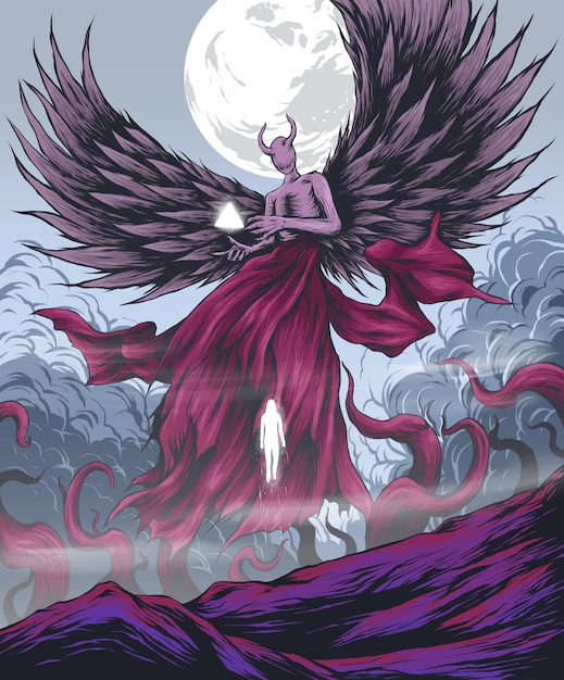 una pintura de un demonio con una luna en el fondo