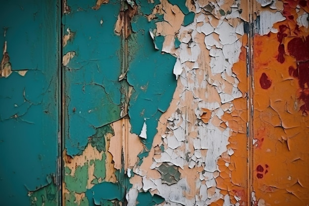 Pintura descascarada en una puerta con pintura verde y naranja.