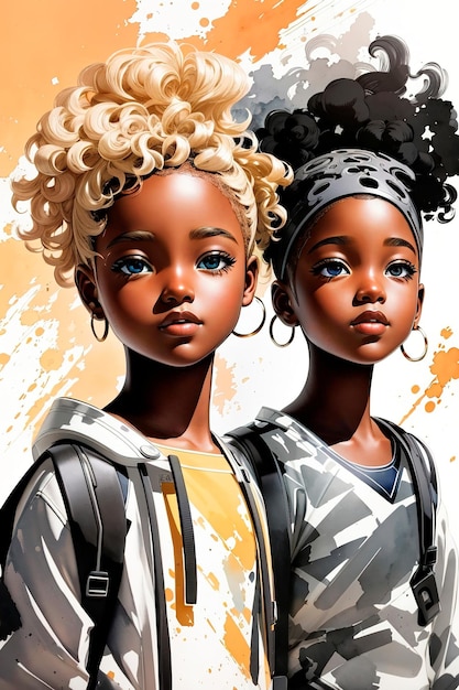 pintura Desenho a tinta de uma linda ilustração digital de duas crianças negras e uma loira em quadrinhos