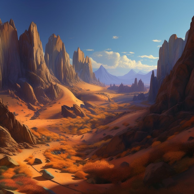 Una pintura de un desierto con una montaña al fondo.