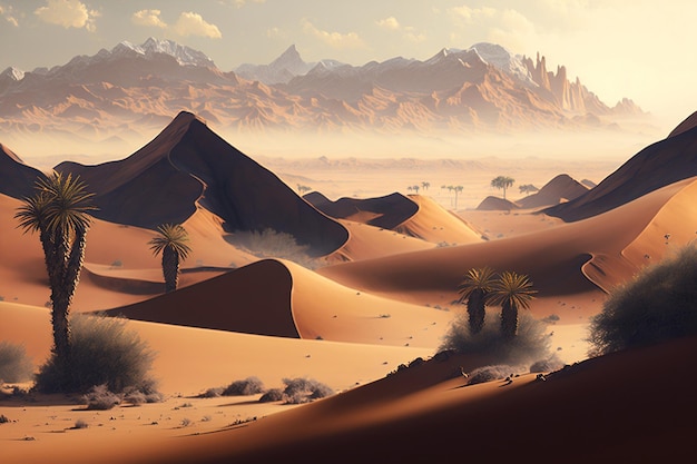Una pintura de un desierto con montañas al fondo.
