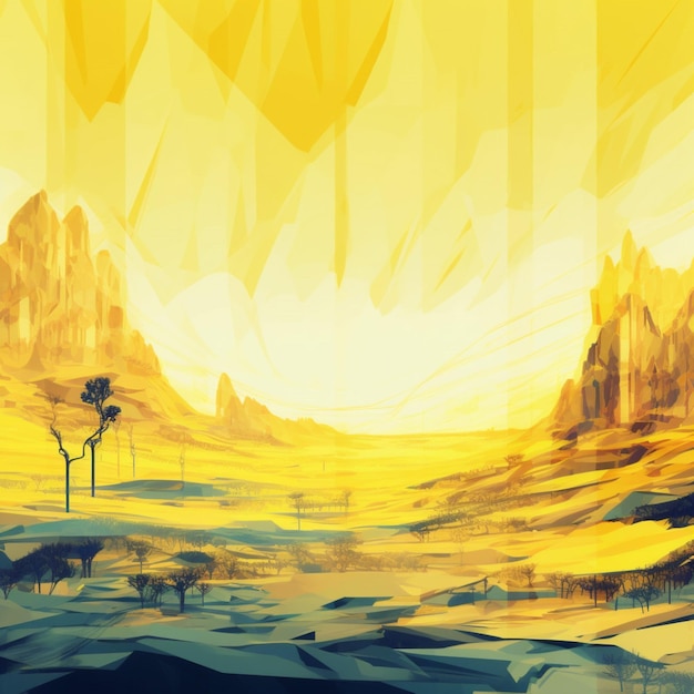 Una pintura de un desierto con montañas al fondo.