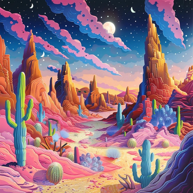 una pintura de un desierto con un río y montañas en el fondo