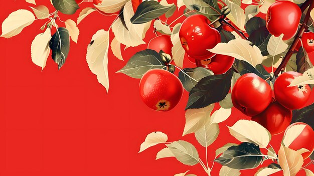 Pintura detalhada de um galho de uma árvore com maçãs vermelhas em um fundo vermelho As folhas são verdes e amarelas As maçãs estão maduras e suculentas