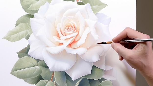 Pintura detallada de la acuarela de Begonia de una rosa blanca