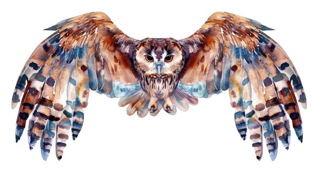 Foto pintura detallada en acuarela de un búho con sus alas extendidas ideal para diseños temáticos de naturaleza y vida silvestre
