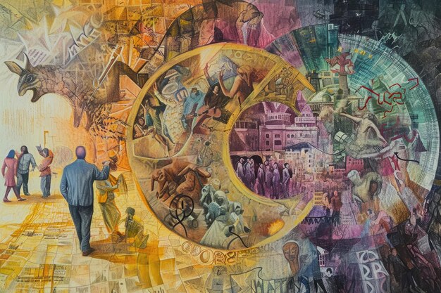 Una pintura detallada que captura a un hombre de pie frente a un reloj imponente Una representación en pastel del ciclo económico Generado por IA