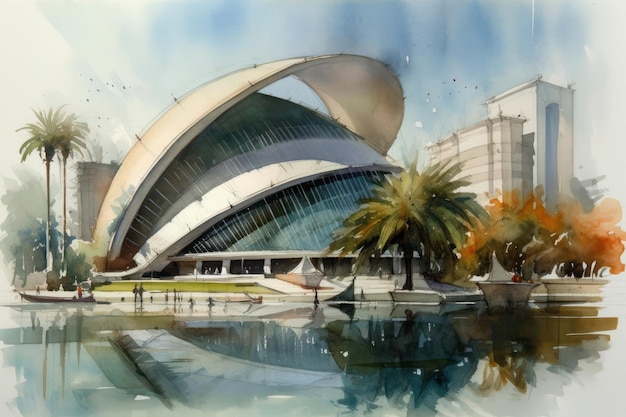 Pintura de un dibujo a la acuarela de la Ciudad de las Artes y las Ciencias de Valencia