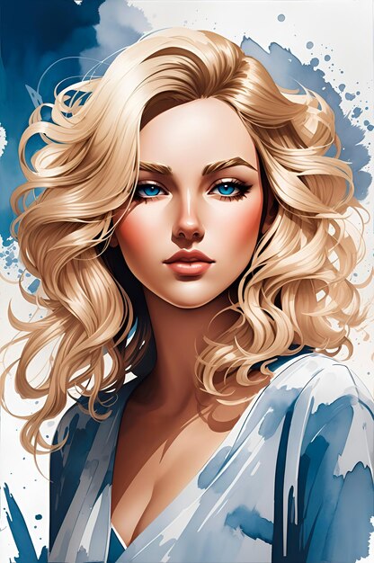 Pintura de dibujo a tinta de una hermosa mujer rubia ilustración digital colorida