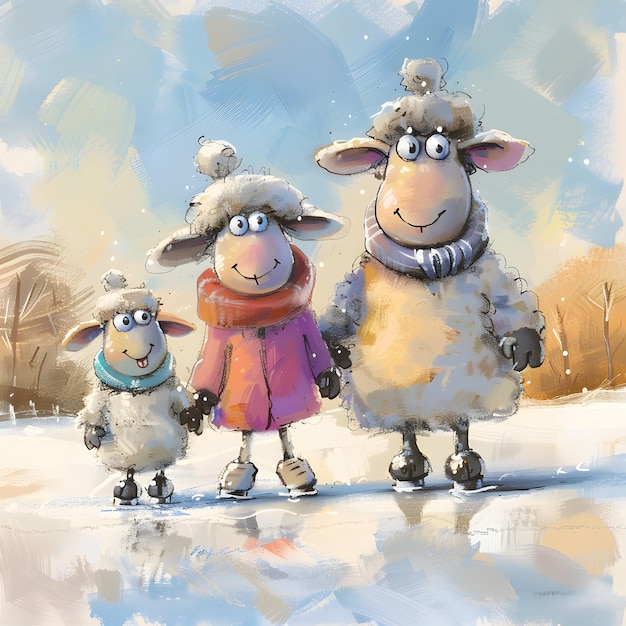 Pintura de dibujos animados felices de tres ovejas tomadas de la mano en la nieve