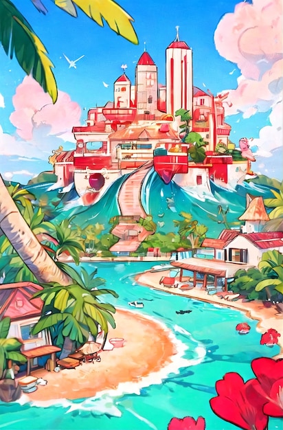 Foto pintura de dibujos animados de una isla tropical con un castillo en la parte superior