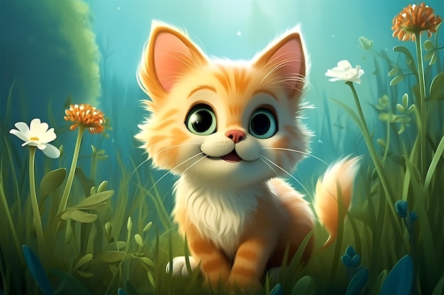 Pintura digital 3D en un estilo caprichoso que representa a un gato encantador con una sonrisa encantadora