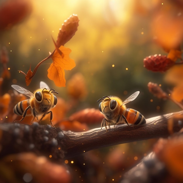 Una pintura digital de una abeja en una rama con flores amarillas.