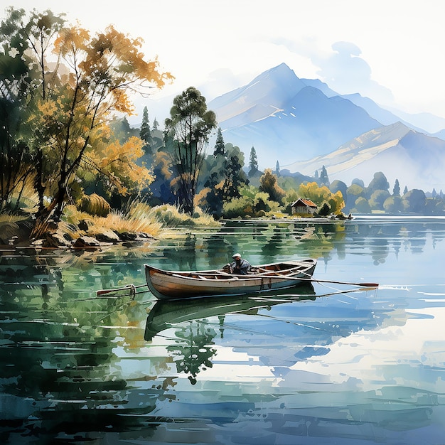 Pintura digital de acuarela de botes de remos de paisaje panorámico en el lago con embarcadero contra la montaña b