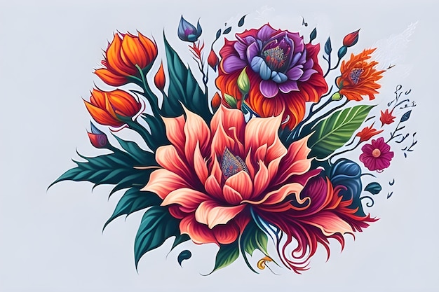 Pintura digital de alto detalle de arte de flores coloridas.