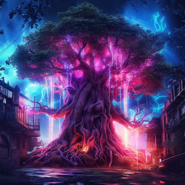 Una pintura digital de un árbol con el árbol en el medio.