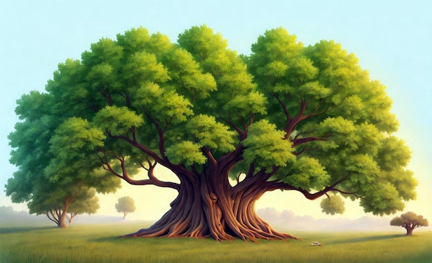 Una pintura digital de un árbol en un campo con un fondo verde