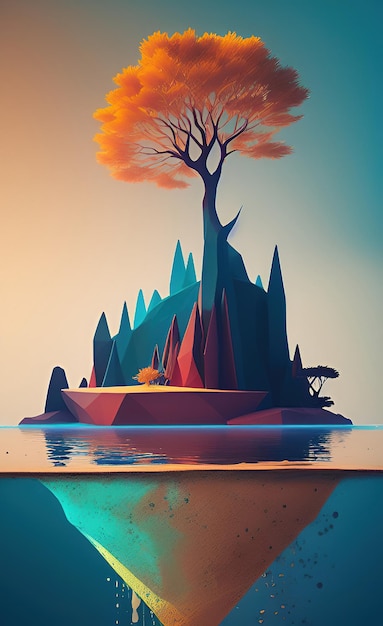 Una pintura digital de un árbol en un lago.