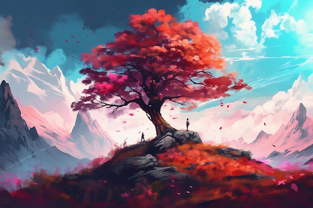 Pintura digital de árbol de otoño y fondo de montaña de caída trasera.