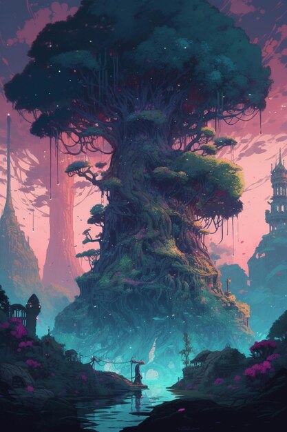 Una pintura digital de un árbol con las palabras "el árbol".