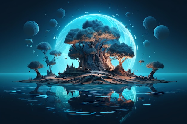 Una pintura digital de un árbol en una pequeña isla con una luna detrás