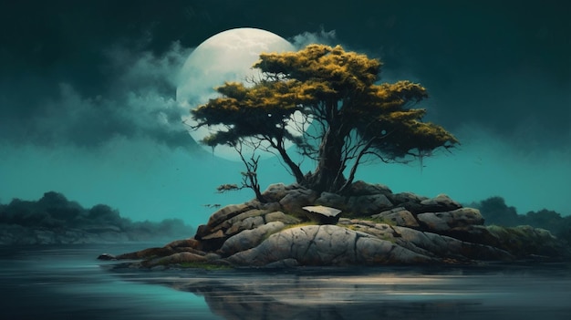 Una pintura digital de un árbol en una pequeña isla