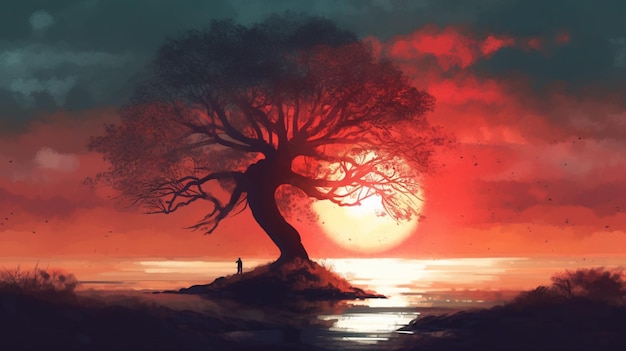 Una pintura digital de un árbol con el sol detrás