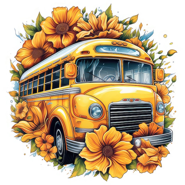 Pintura digital autobús escolar con flores Generativo Ai