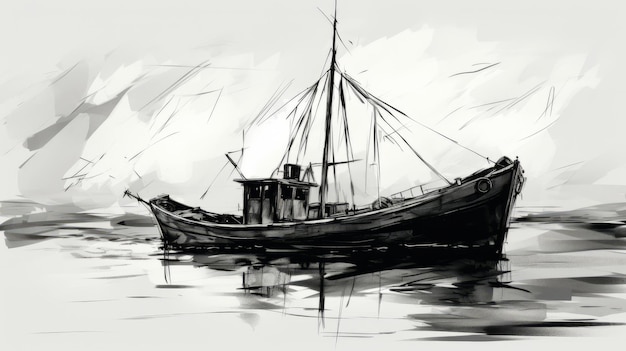 Pintura digital en blanco y negro de un barco de pesca