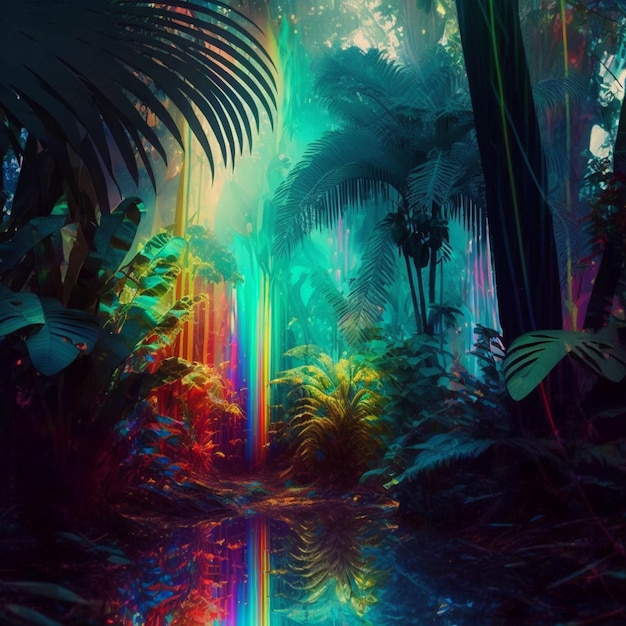Una pintura digital de un bosque con un arcoíris en el medio.
