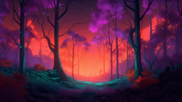 Una pintura digital de un bosque con un camino que tiene un cielo púrpura y el sol brillando a través de él.