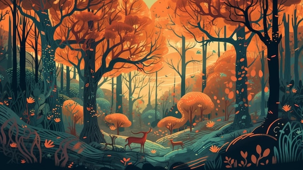 Una pintura digital de un bosque con un ciervo en el bosque.