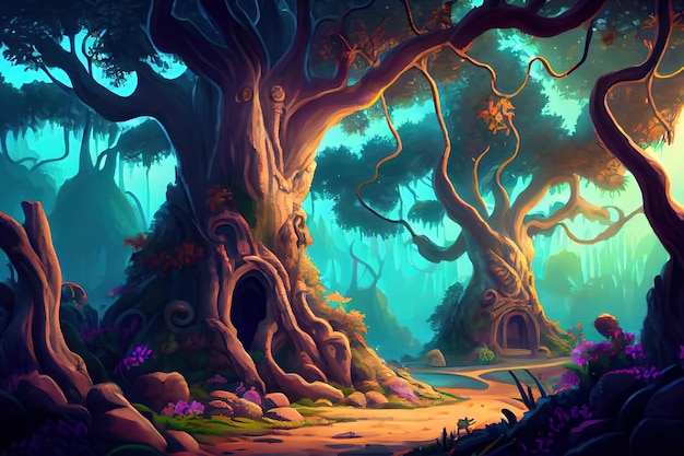 Una pintura digital de un bosque con un gran árbol con una puerta en el medio.