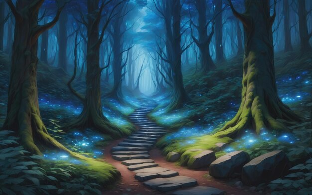 Una pintura digital de un bosque con luces azules y un camino de piedra azul.