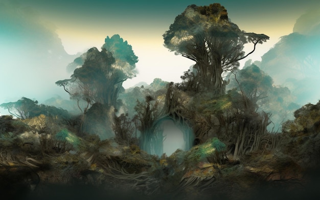 Una pintura digital de un bosque con una puerta que dice 'la puerta'