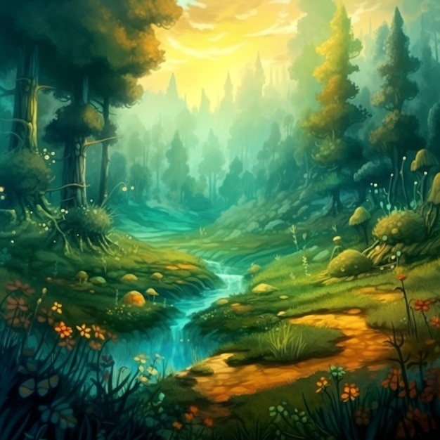 Pintura digital de un bosque con un río y un bosque con un bosque y un bosque con un cielo azul.