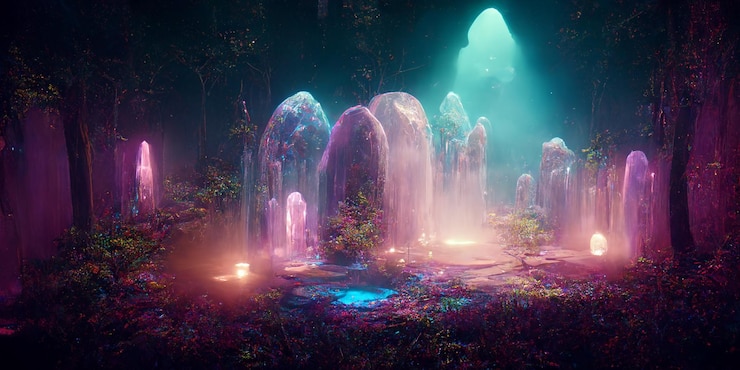Foto una pintura digital de un bosque con rocas brillantes y una luz azul brillante.