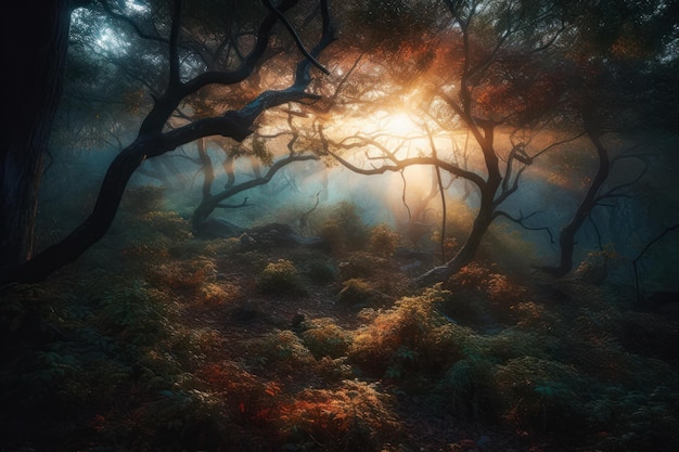 Una pintura digital de un bosque con un sol brillando a través de los árboles.